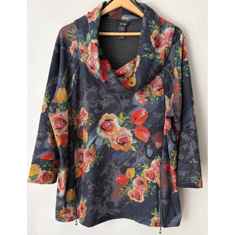 Ali Miles Women Floral Cowl Neck Tunic Top 3X Art to Wear Zip Hem Pullover
